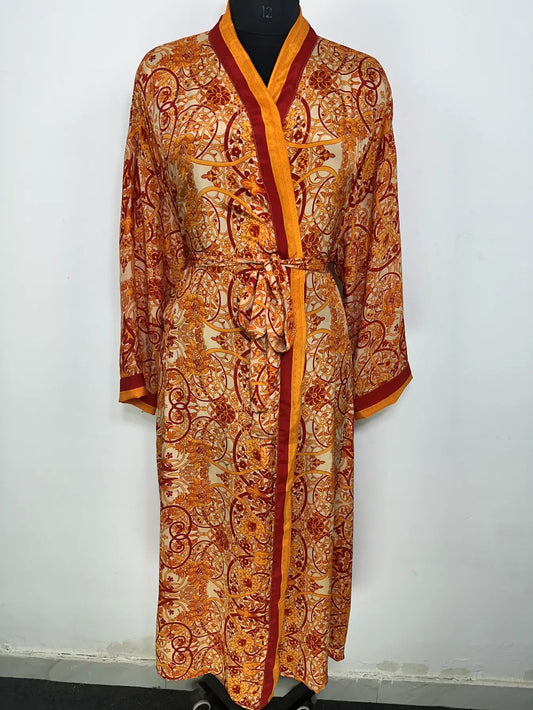 Recycle Silk Sari Women Kimono | Boho Chic Robe House | Beach Cover Up Vintage Bridesmaid Lounge Dressing Gown l Resort Wear Gypsy Nightwear
