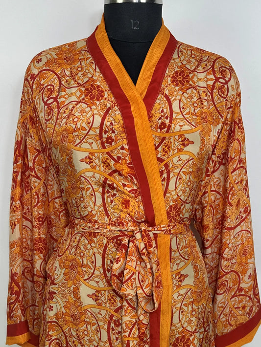 Recycle Silk Sari Women Kimono | Boho Chic Robe House | Beach Cover Up Vintage Bridesmaid Lounge Dressing Gown l Resort Wear Gypsy Nightwear