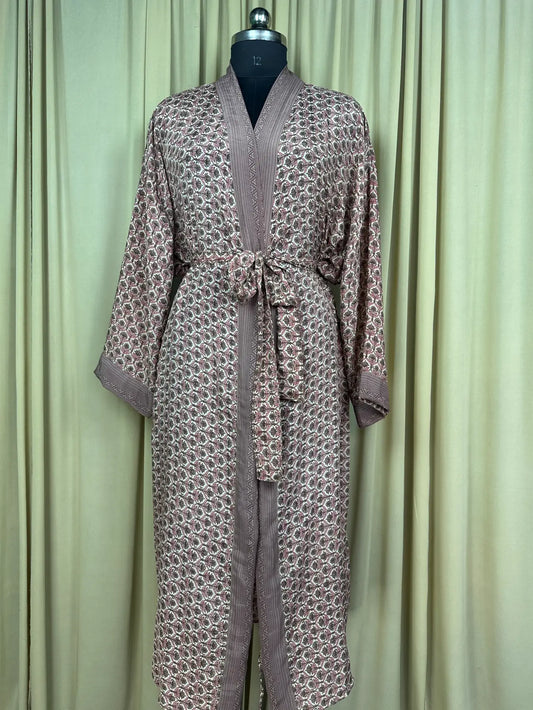 Recycle Silk Sari Women Kimono | Boho Chic Beach Cover Up Vintage Lounge Dressing Robe l Resort Wear Regal Gypsy House Robe | Beige Floral