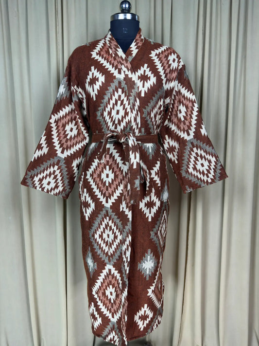 Yak Wool Blend Women Kimono Robe, Cozy Winter Romance Loungewear, Brown Diamond Print Cardigan House Coat with Pockets Quirky Christmas Gift