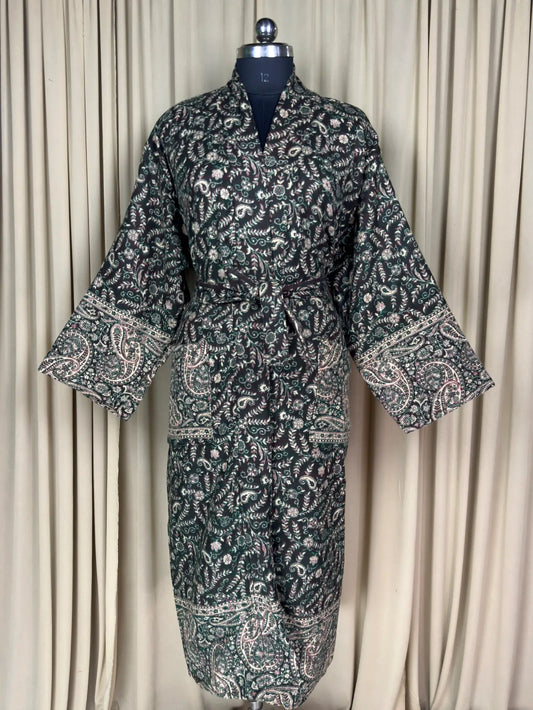 Yak Wool Blend Women Kimono Robe, Cozy Warm Winter Romance Loungewear, Green Paisley Cardigan House Coat with Pockets, Quirky Christmas Gift