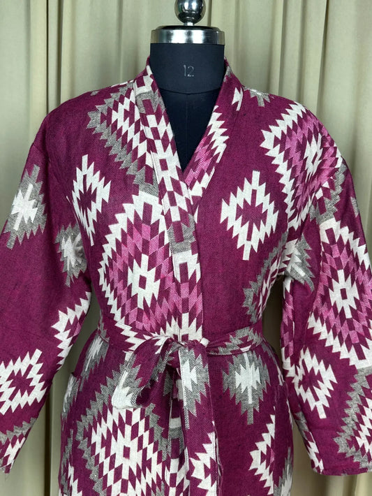 Yak Wool Blend Women Kimono Robe, Cozy Winter Romance Loungewear, Pink Diamond Print Cardigan House Coat with Pockets, Quirky Christmas Gift