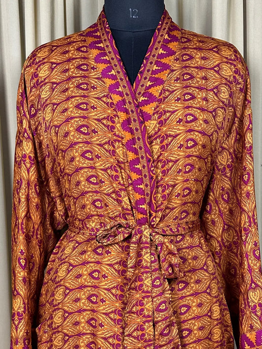 Recycle Silk Sari Women Kimono | Boho Chic Beach Cover Up Vintage Lounge Dressing Robe l Resort Wear Regal Gypsy House Robe | Purple Floral