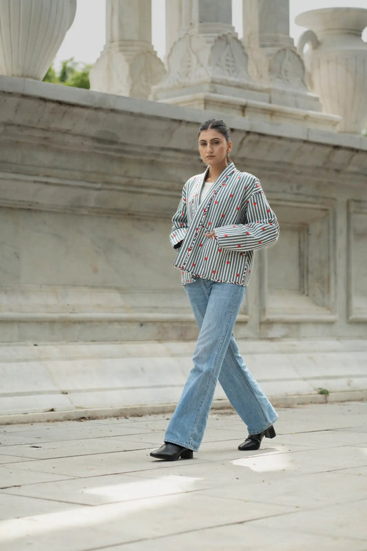 Quilted Short Bohemian Jacket for Women | Quirky Handmade Gray White Heart Print | Front Open Cotton Jacket | Anniversary Love Gift for Her