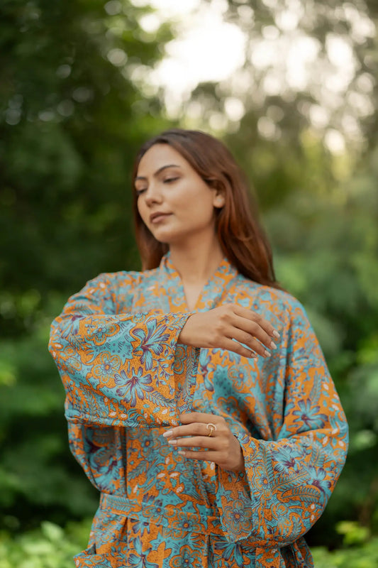 Bohemian New Silk Sari Kimono Women Regal House Beach Robe | Orange Pink Blue Floral Luxury Anniversary Birthday Gift For Her