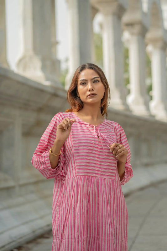 Cotton Midi Dress Stripe Hand Block Print | Boho Oversized Long Sleeves Loose Fit Dress with Pockets, Artisan Style Bridesmaid Gift for Her