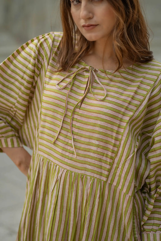 Women Cotton Maxi Dress, Hand Block Printed Stripes Dress, Boho Chic Flowy Gown, Long Sleeves With Pockets, Flowy Sustainable Gift For Her