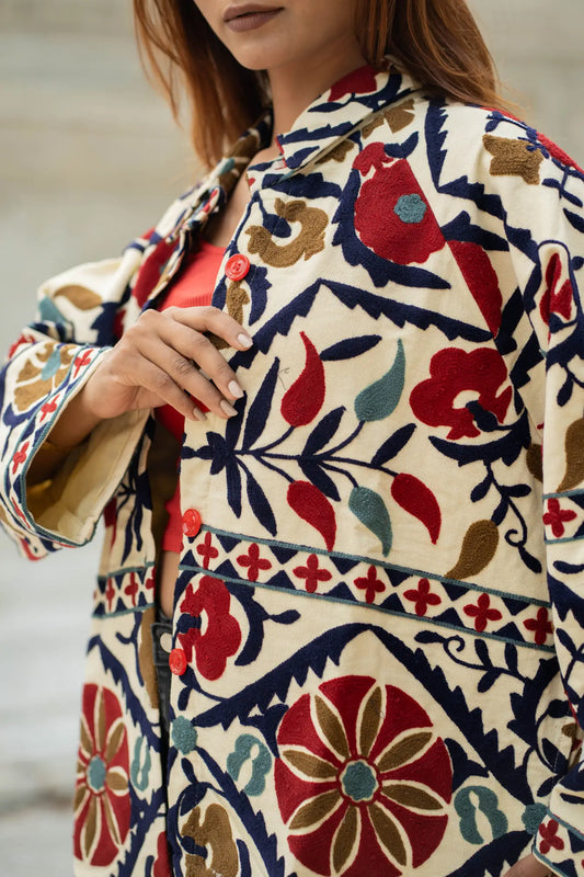 Cotton Suzani Embroidered Short Jacket | Autumn Winter Boho Gypsy | Artisan Hand Crafted Luxury Gift For Her | Olive Green Orange Outerwear