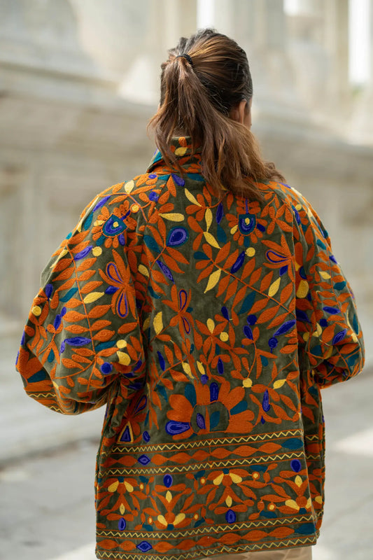 Velvet Suzani Embroidered Short Jacket | Autumn Winter Boho Gypsy | Artisan Hand Crafted Luxury Gift For Her | Olive Green Orange Outerwear