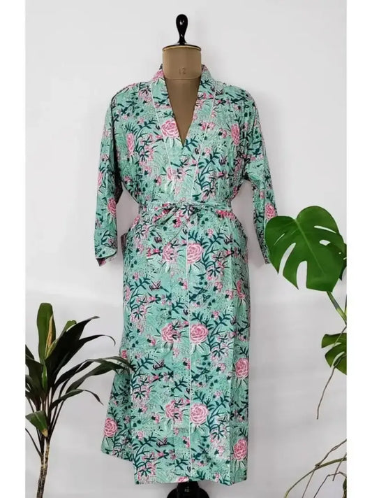 Handbedruckter Hausmantel aus reiner Baumwolle, Sommer-Kimono, Aquamarin, Marineblau, Türkis, Blumenmuster, Strandüberwurf, bequemes Schwangerschaftsgeschenk für die Schwester