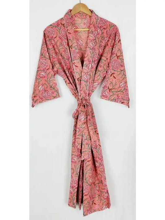 Robe de maison indienne imprimée à la main en pur coton Kimono d’été | Couverture de plage en fleur de fleur rose/maman de maternité confortable