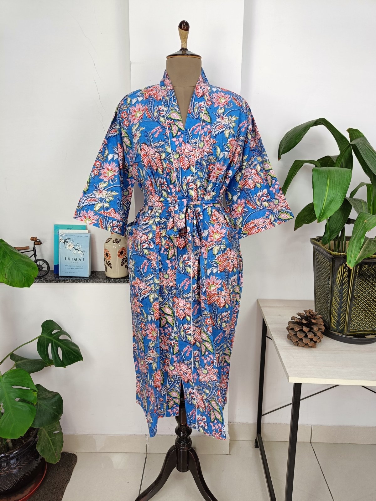 Boho Cotton Kimono House Robe Indian Handprinted Botanical Patter Lightweight Summer Luxury Beach Holidays Yacht Cover Up Stunning Dress