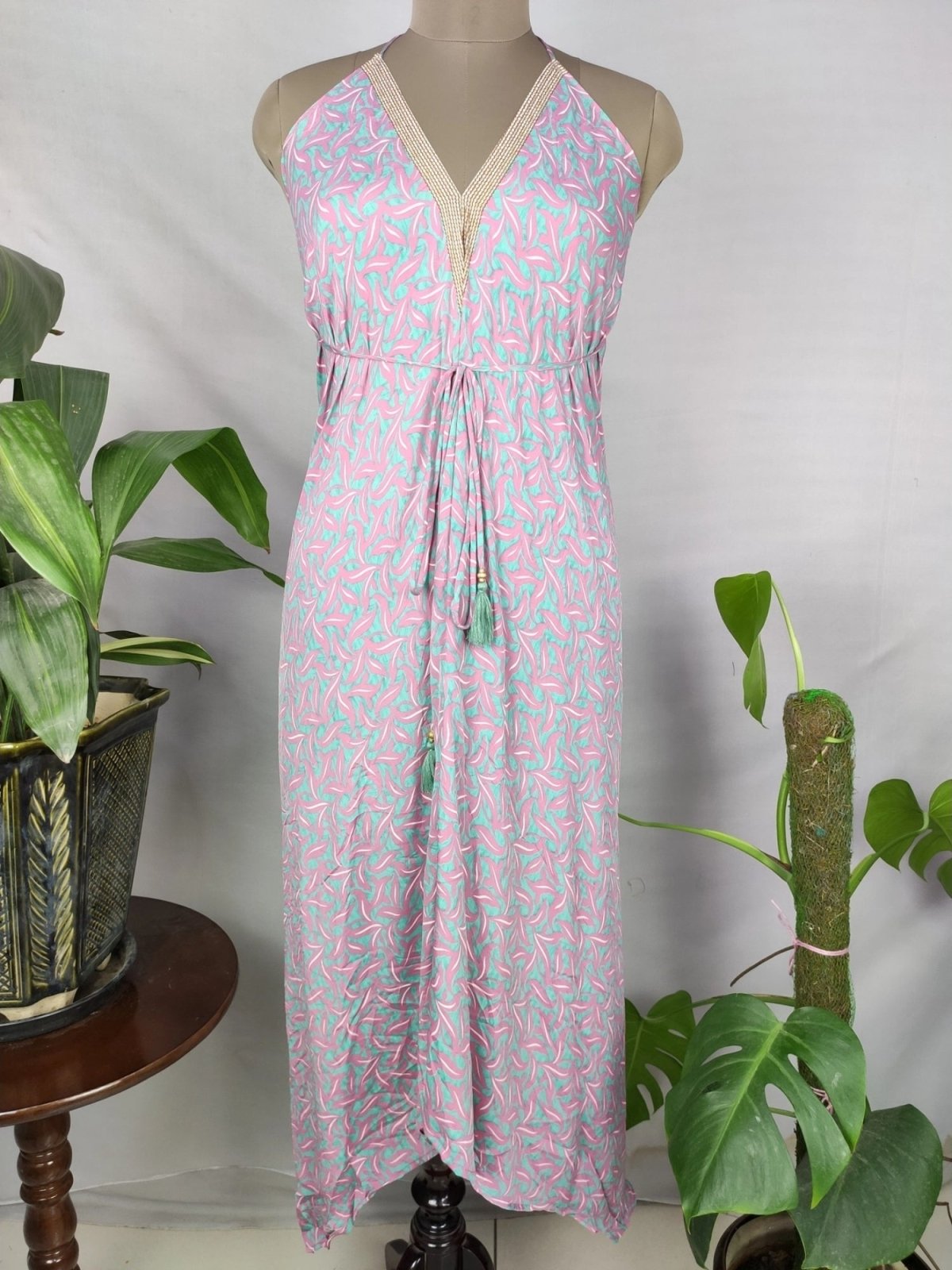 Boho Recycle Silk Magic Summer Maxi Halter Dress | Pink Turquoise Hue Garden Boho Recycle Silk Magic Summer Maxi Halter Dress | Pink Turquoise Hue Garden