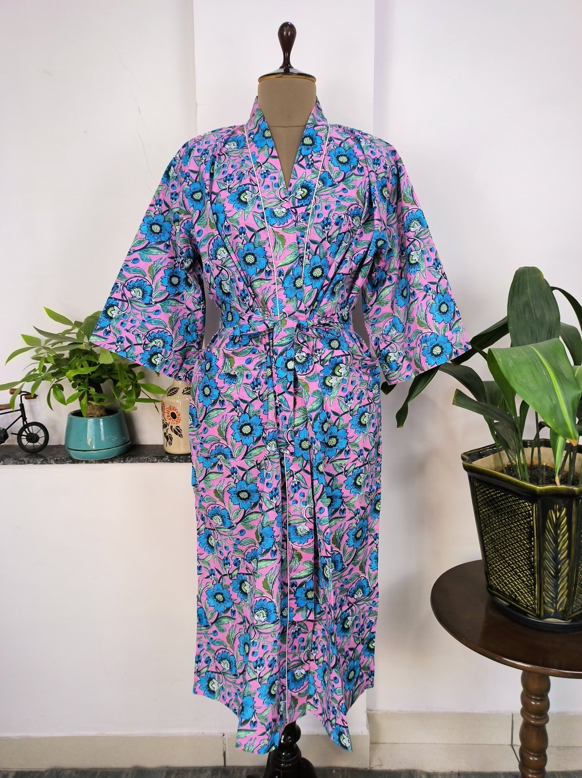 Pure Cotton Kimono Indian Handprinted Boho House Robe Summer Dress Purple Fruit Colors Floral Rose Luxury Beach Holiday Yacht Cover Up