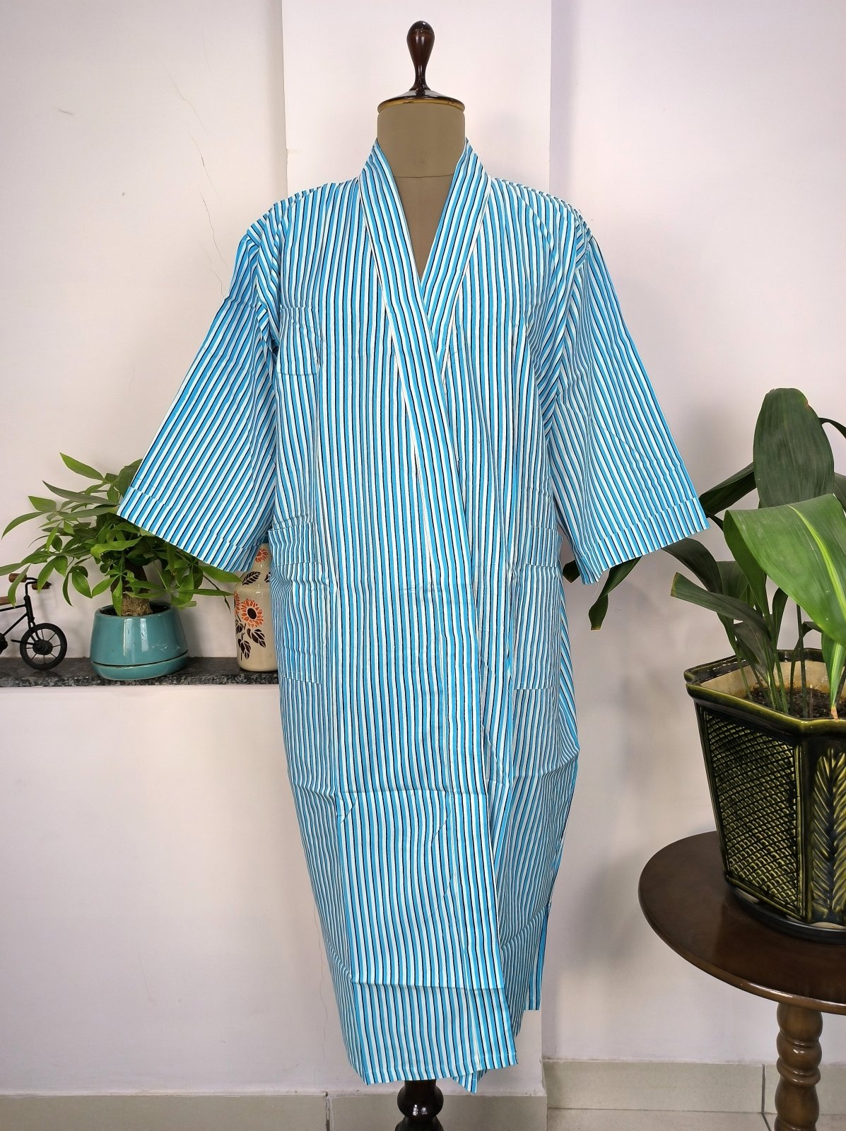 Pure Cotton Kimono Indian Handprinted Boho House Robe Summer Dress | White Blue Stripe Geometric Elegant Luxury Beach Holiday Yacht Cover Up Pure Cotton Kimono Indian Handprinted Boho House Robe Summer Dress | White Blue Stripe Geometric Elegant Luxury Beach Holiday Yacht Cover Up