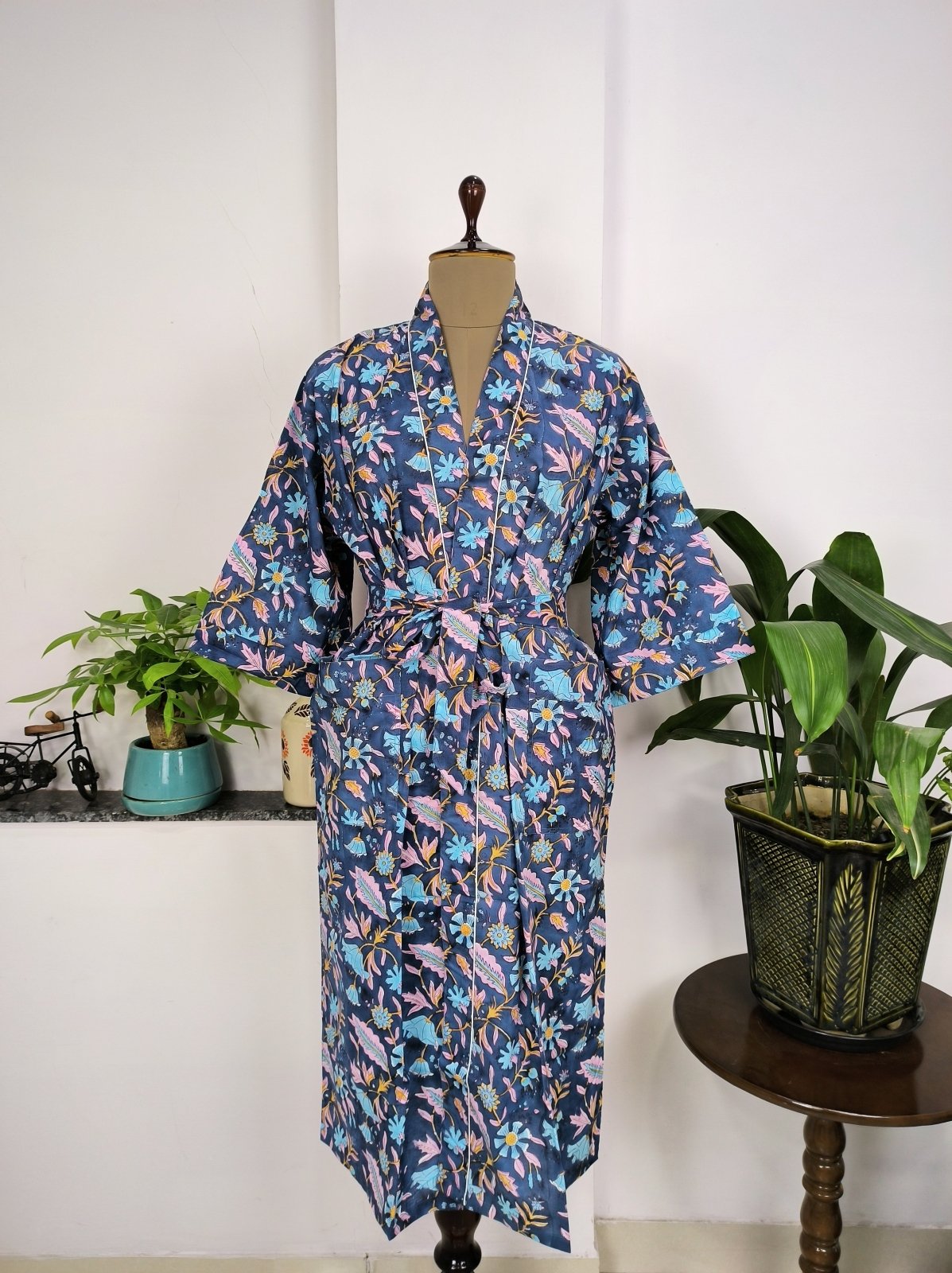 Pure Cotton Kimono Indian Handprinted Boho House Robe Summer Dress Pink Blue Yellow Leaf Beach Coverup Maternity Mom Bridal