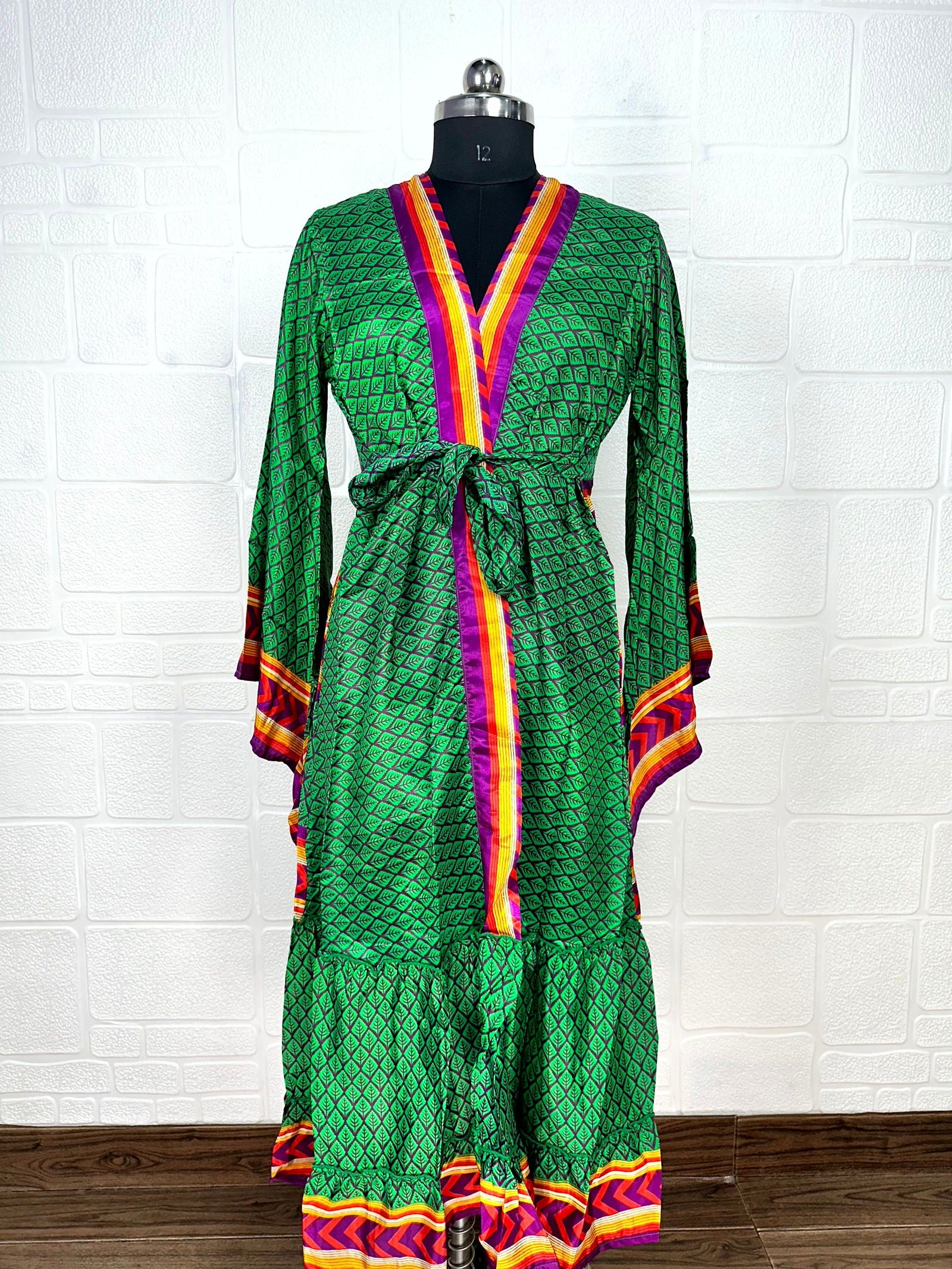 Recycle Boho House Robe Kimono Vintage Silk Sari Dressing Gown, Beach Coverup, Bridesmaid, Anniversary Gift Her | Leaf Print Recycle Boho House Robe Kimono Vintage Silk Sari Dressing Gown, Beach Coverup, Bridesmaid, Anniversary Gift Her | Leaf Print