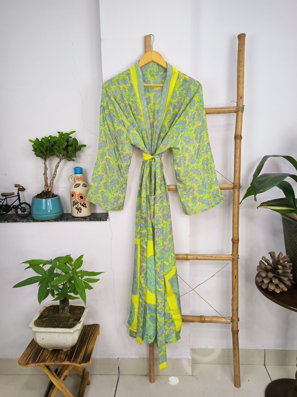 Upcycle Sustainable Boho Chic Coverup Silk Sari Kimono Gorgeous Wardrobe Vintage Elegance House Robe Duster Cardigan Yellow Lime Paisley