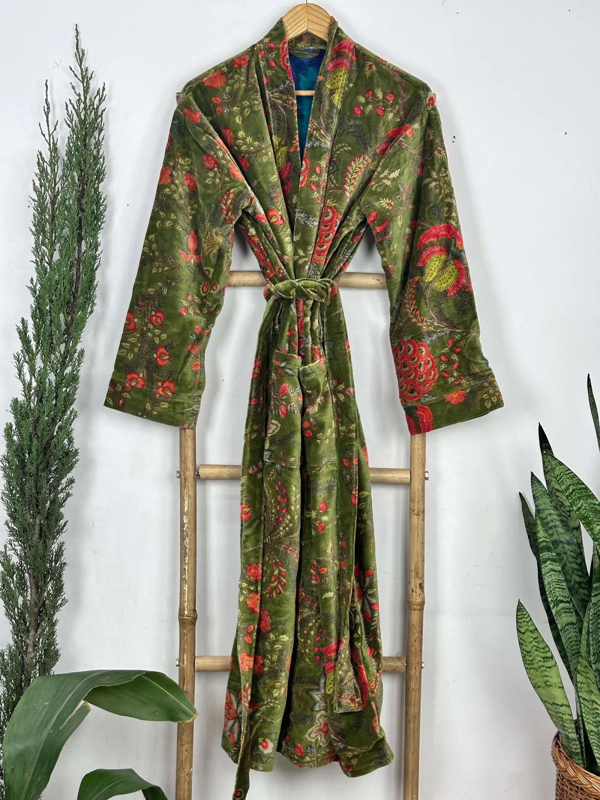 Luxury Velvet House Robe Unisex Kimono Jacket Reversible Silk Lined Autumn Winter Gift Muddy Green Botanical Bloom Floral Valentine Love - The Eastern Loom