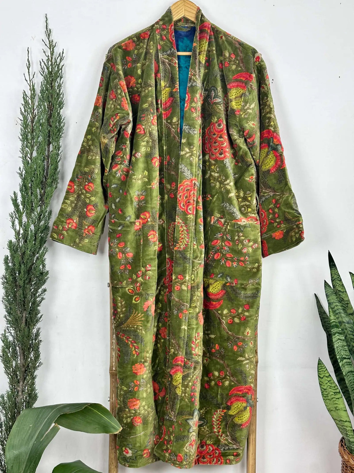 Luxury Velvet House Robe Unisex Kimono Jacket Reversible Silk Lined Autumn Winter Gift Muddy Green Botanical Bloom Floral Valentine Love - The Eastern Loom