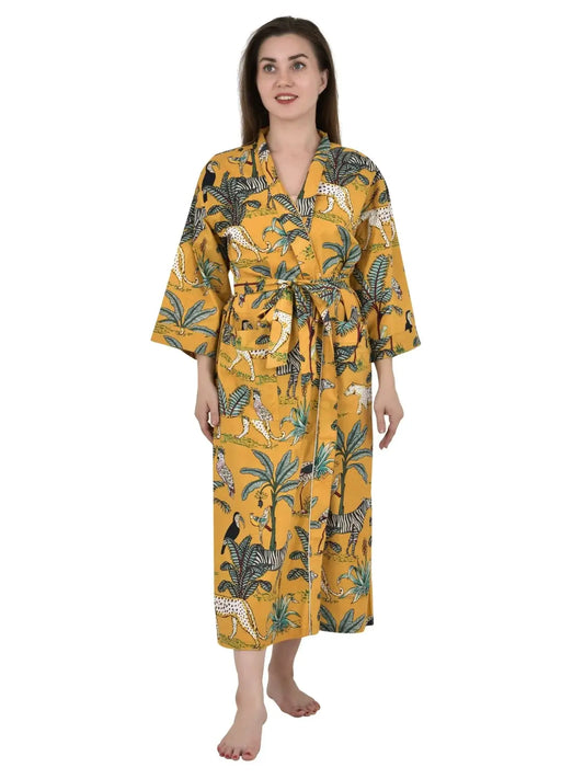 Robe de maison imprimée en bloc indien en pur coton, kimono d'été | Moutarde Safari Animal Floral Beach Coverup / Maman de maternité confortable