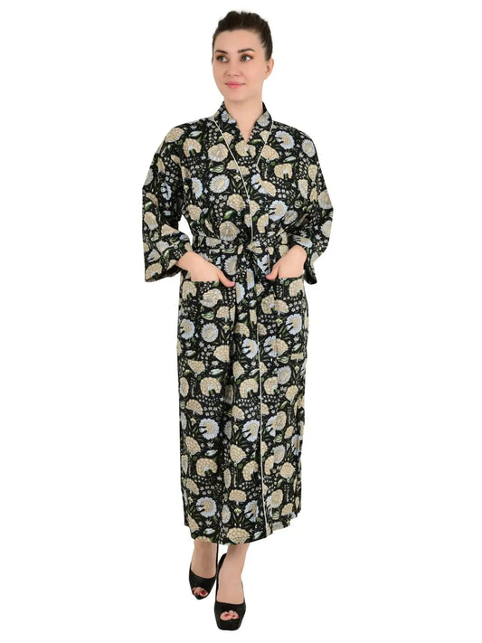 Boho-Kimono aus Baumwolle, Hausmantel, indisches handbedrucktes botanisches Muster, leichtes Sommer-Luxus-Strandurlaubs-Yacht-Cover-Up, atemberaubendes Kleid