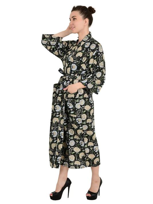 Boho-Kimono aus Baumwolle, Hausmantel, indisches handbedrucktes botanisches Muster, leichtes Sommer-Luxus-Strandurlaubs-Yacht-Cover-Up, atemberaubendes Kleid