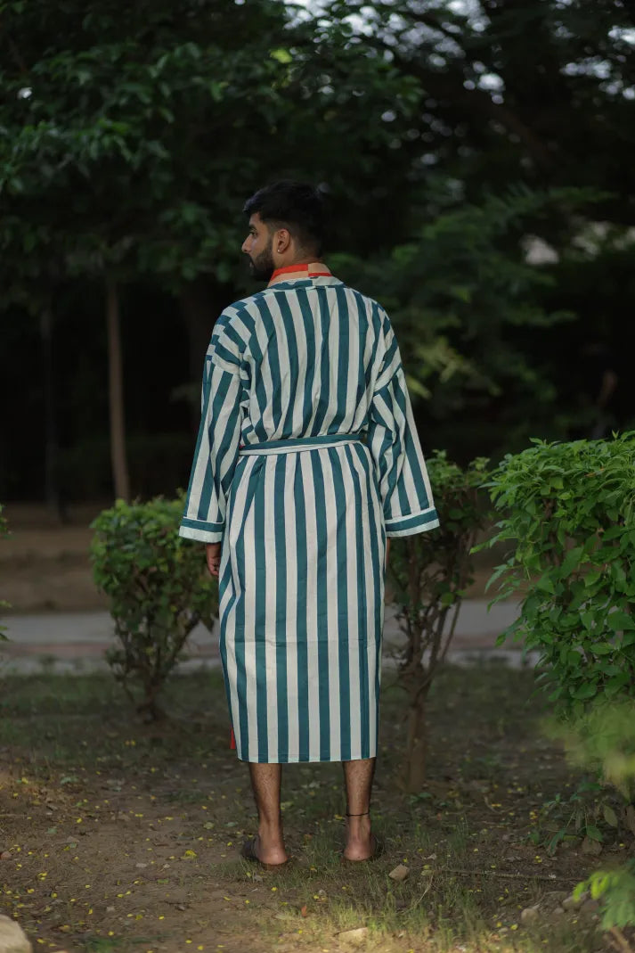 Men's reversible Cotton Kimono Robe in striped with pockets