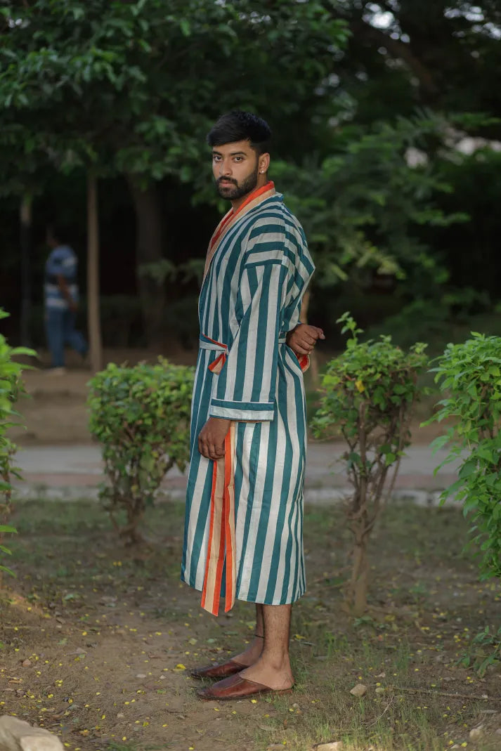 Men's reversible Cotton Kimono Robe in striped with pockets