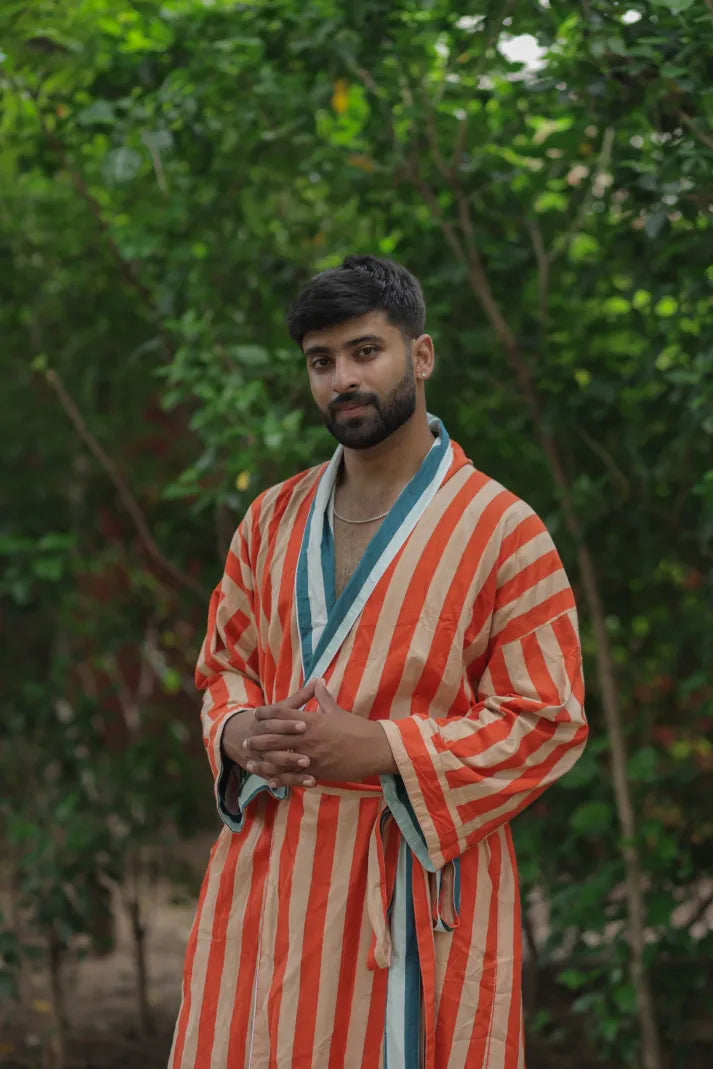 Men's reversible Cotton Kimono Robe in striped with pockets
