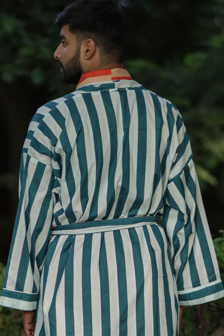 Men's reversible Cotton Kimono Robe in striped with pockets