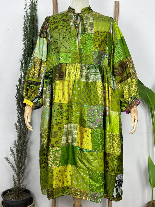 ASSORTED - GREEN HUES | Hand Stitched Patchwork Silk Dress | Perfect Anniversary Christmas Gift For Her Sister Mother |