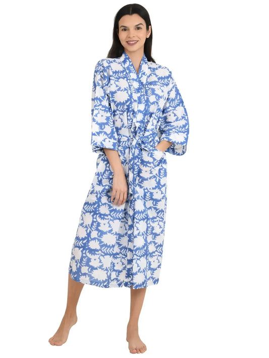 Boho Cotton Kimono House Robe Indian Handprinted Floral Print Pattern | Lightweight Summer Luxury Beach Holidays Yacht Cover Up Stunning Dress