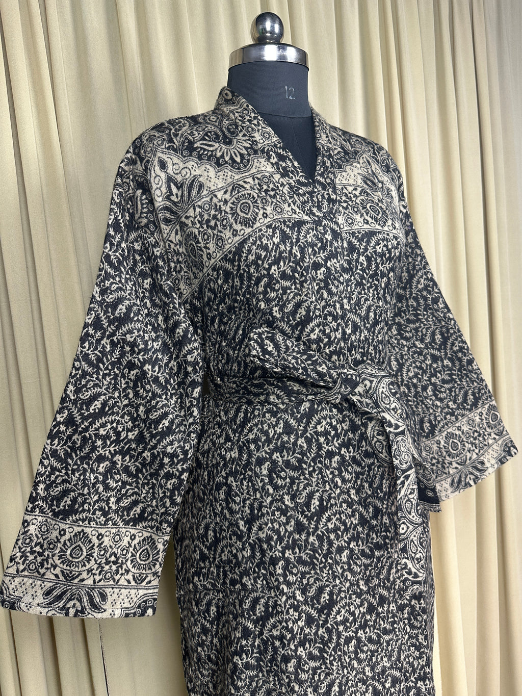 Yak Wool Blend Women Kimono Robe, Cozy Warm Winter Romance Loungewear | Black Floral Cardigan House Coat with Pockets, Quirky Christmas Gift
