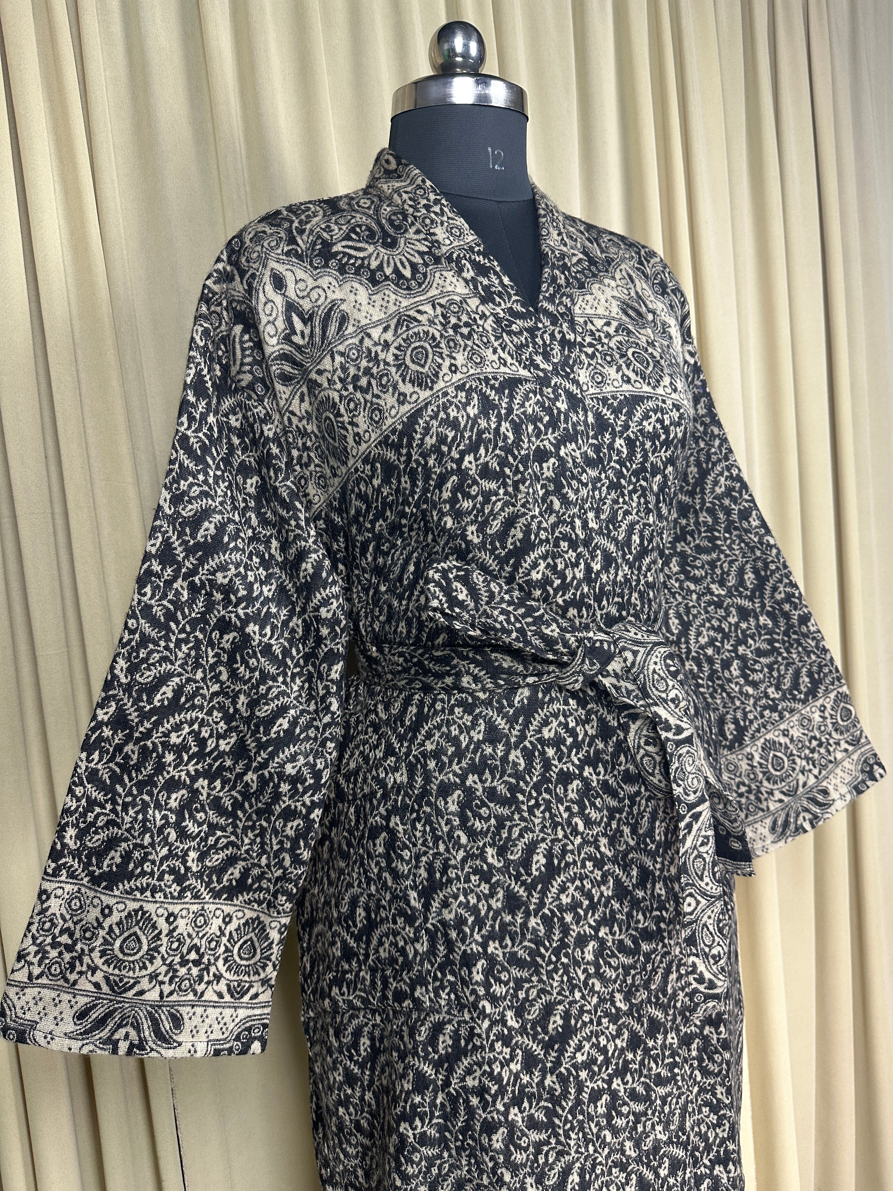 Yak Wool Blend Women Kimono Robe, Cozy Warm Winter Romance Loungewear | Black Floral Cardigan House Coat with Pockets, Quirky Christmas Gift