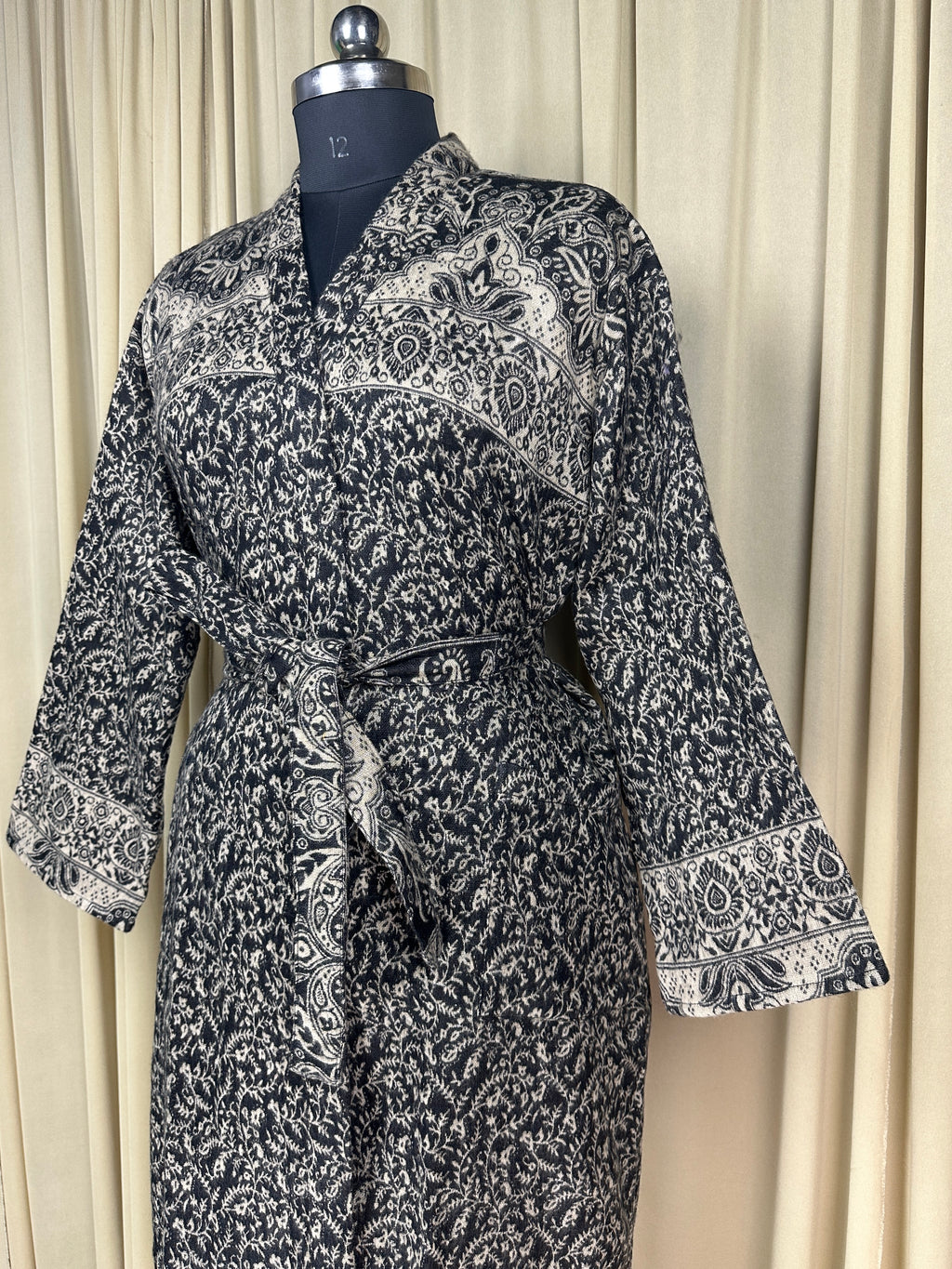 Yak Wool Blend Women Kimono Robe, Cozy Warm Winter Romance Loungewear | Black Floral Cardigan House Coat with Pockets, Quirky Christmas Gift