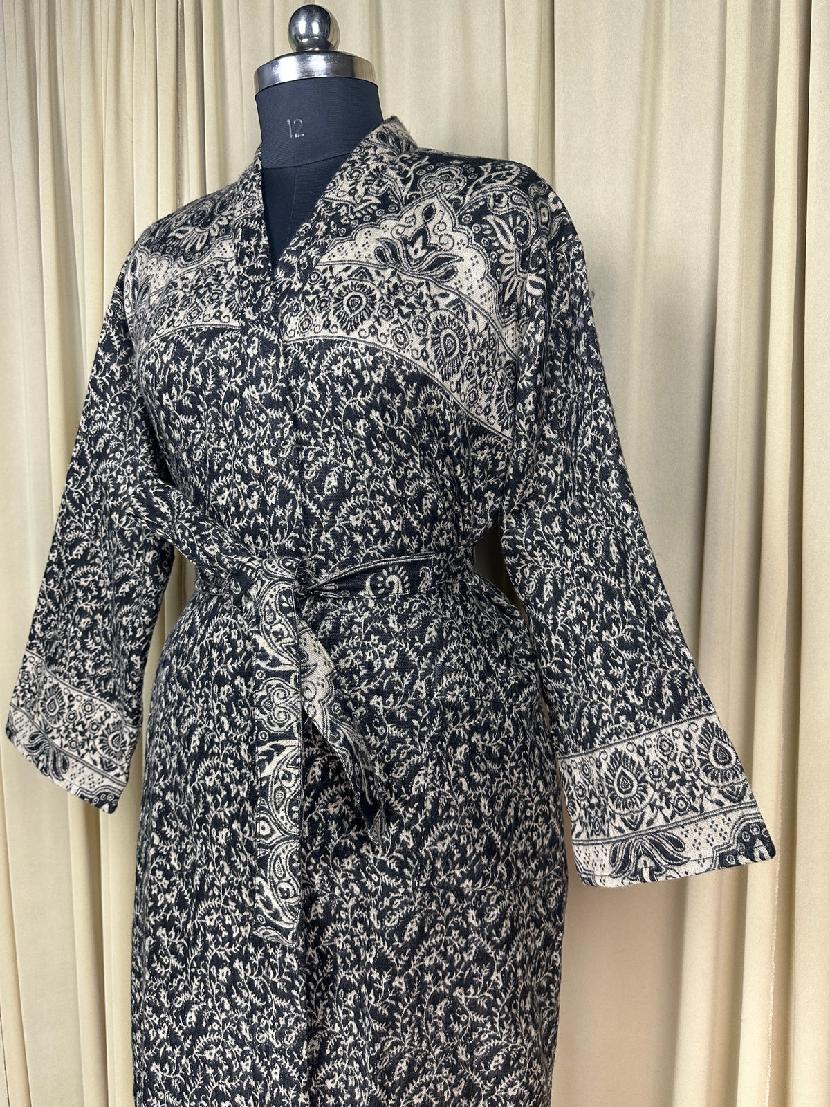 Yak Wool Blend Women Kimono Robe, Cozy Warm Winter Romance Loungewear | Black Floral Cardigan House Coat with Pockets, Quirky Christmas Gift