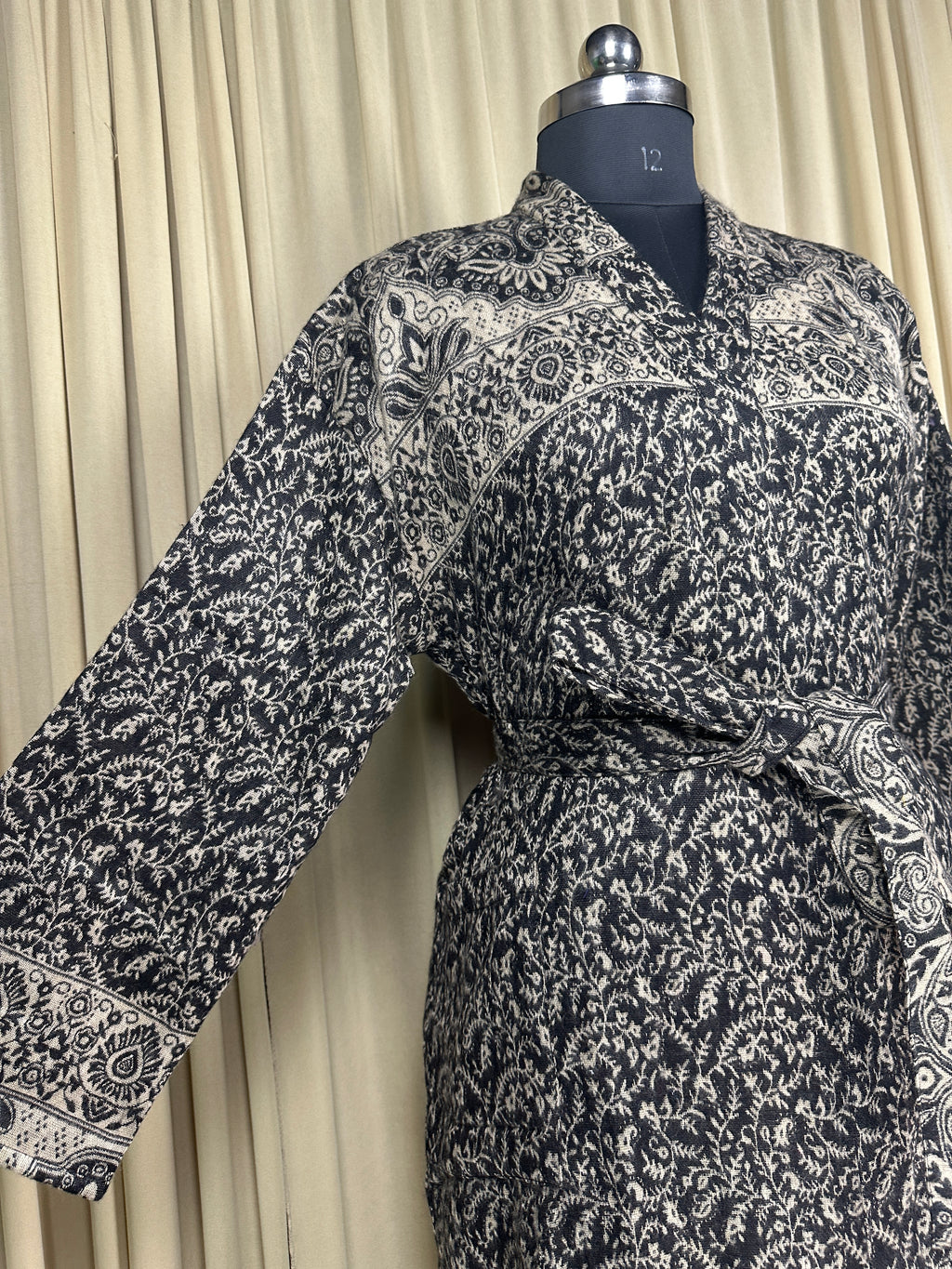Yak Wool Blend Women Kimono Robe, Cozy Warm Winter Romance Loungewear | Black Floral Cardigan House Coat with Pockets, Quirky Christmas Gift