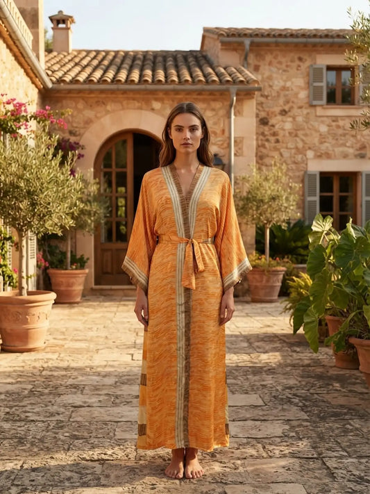 Upcycle Boho Silk Long Women kimono, Boho Chic Robe House Beach Cover Up Vintage Bridesmaid Lounge Dressing Gown Resort Wear Gypsy Nightwear