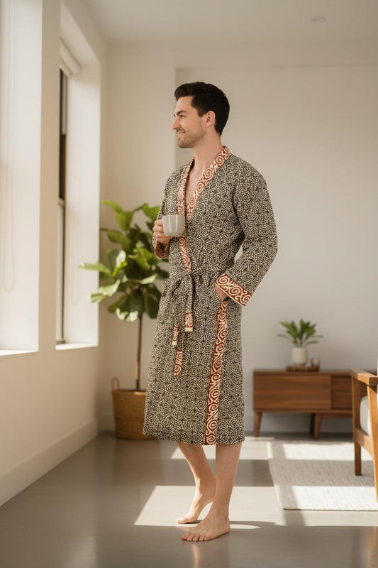 Pure Cotton Handblock Men Kimono | Indian Printed Man House Robe, Boho Beach Coverup Dressing Gown, Lightweight Loungewear, Gift For Him Dad