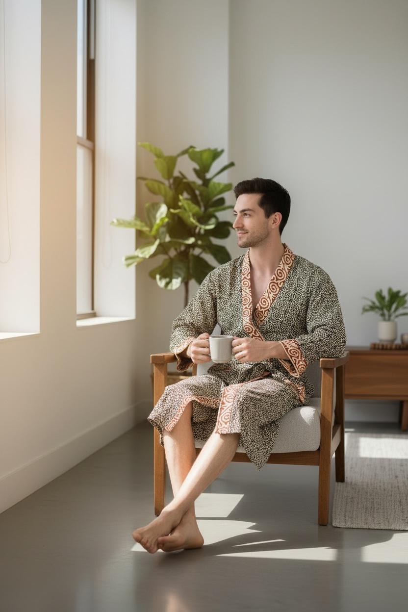 Men's block-printed Cotton Kimono Robe