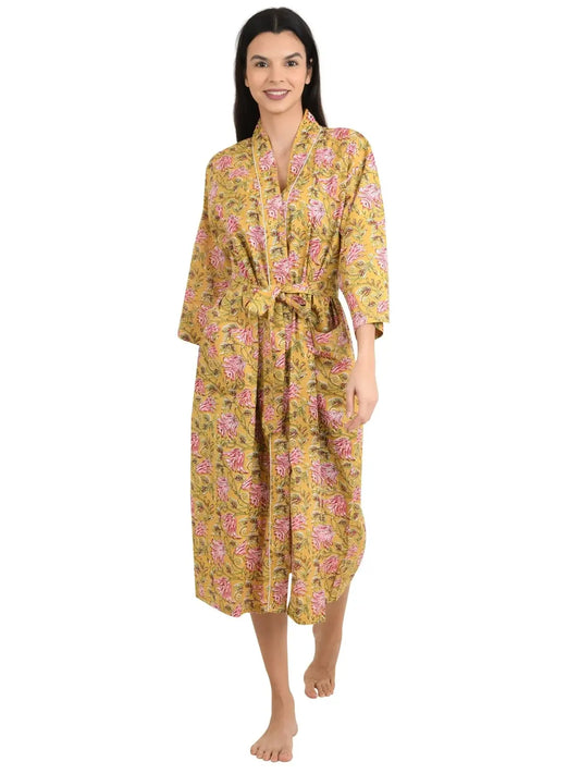 Boho-Kimono aus Baumwolle, Hausmantel, indisches handbedrucktes Blumenmuster, leichtes Sommer-Luxus-Strandurlaubs-Yacht-Cover-Up, atemberaubendes Kleid