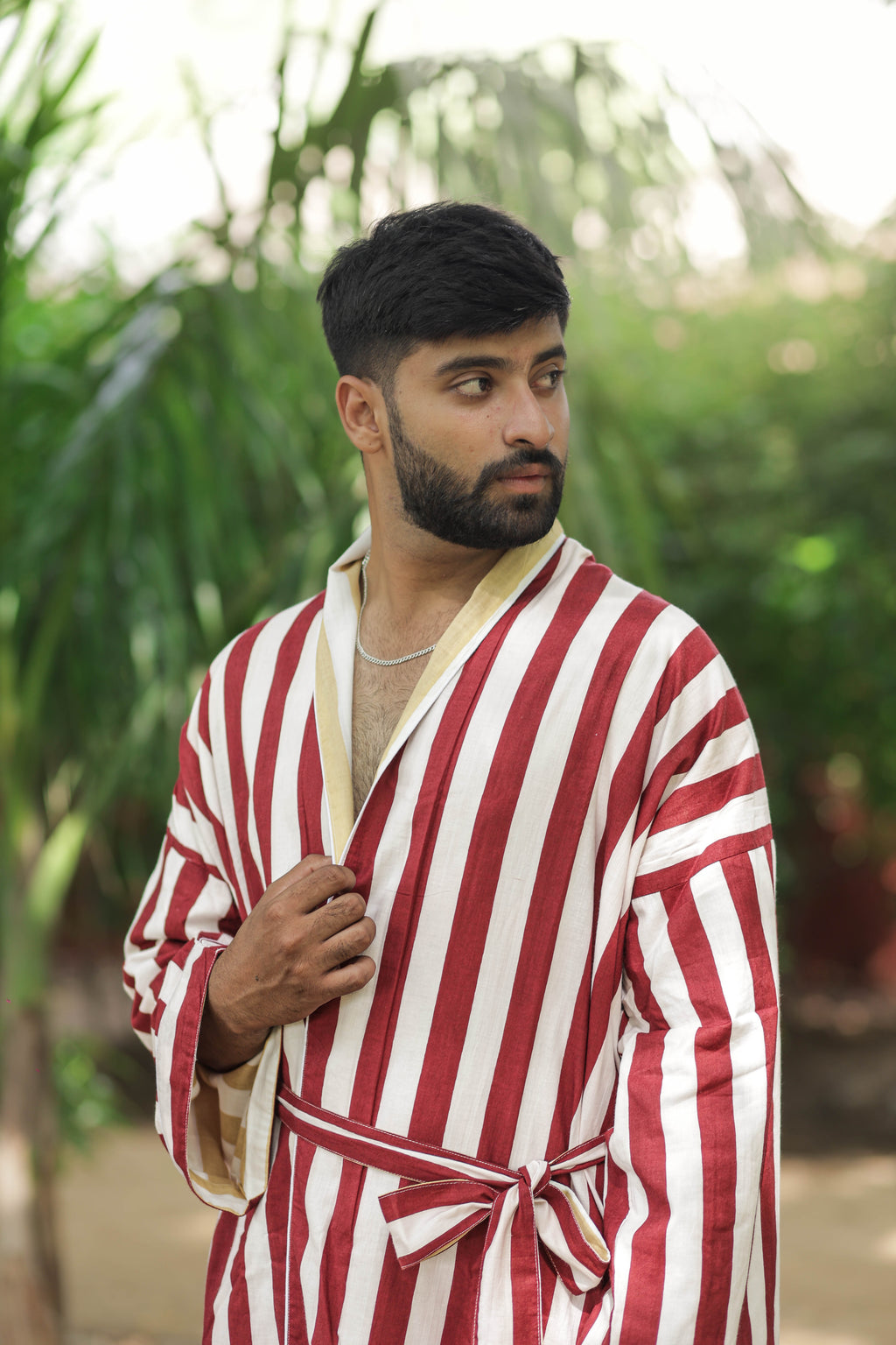 Men's reversible Cotton Kimono Robe in striped with pockets