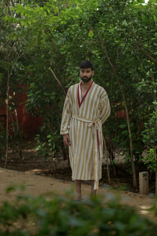 Men’s Cotton Kimono Robe, Reversible Striped Boho Loungewear, Lightweight Spa Beach Resort Outfit with Pockets, One Size Breathable Bathrobe