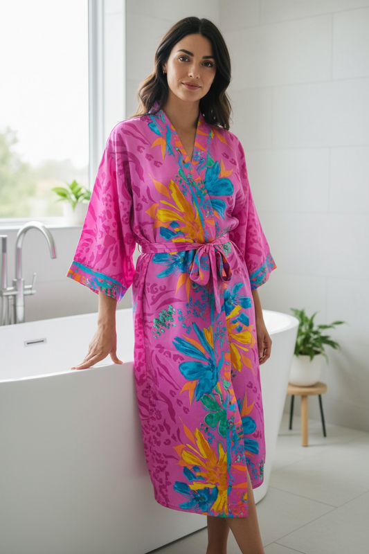 Recycle Silk Sari Women Kimono | Boho Chic Beach Cover Up Vintage Lounge Dressing Robe l Resort Wear Regal Gypsy House Robe | Pink Floral