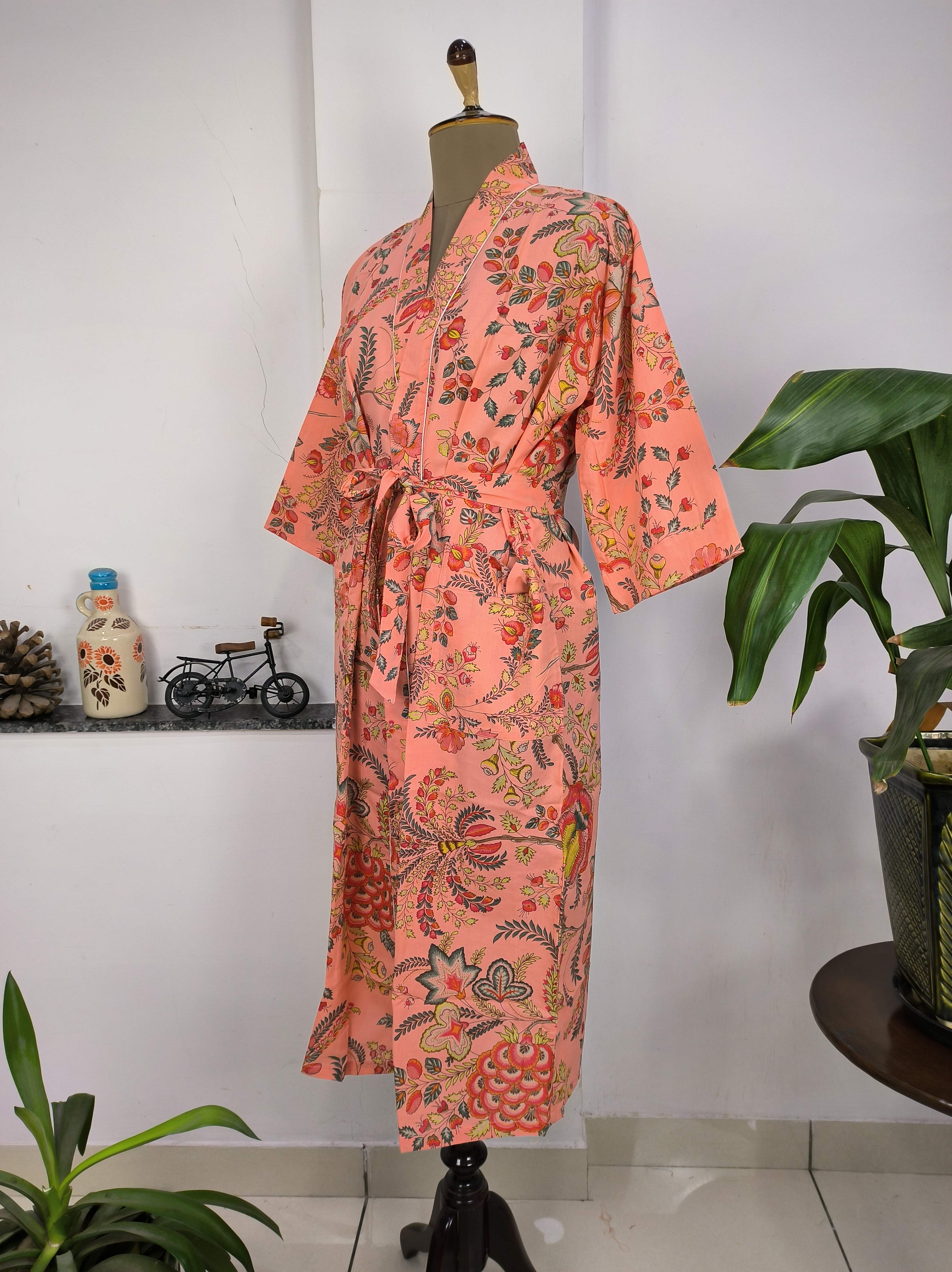 Pure Cotton Kimono Indian Handprinted Boho House Robe Summer Dress | Peach Red Floral Beach Cover Up Wear | Christmas Present, Gift For Her
