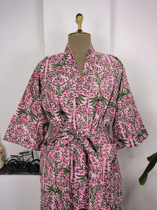 Kimono aus reiner Baumwolle, handbedruckt, indischer Boho-Hausmantel, Sommerkleid | Rosa-grüner Blätterdruck | Strandüberwurf | Weihnachtsgeschenk