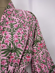 Pure Cotton Kimono Indian Handprinted Boho House Robe Summer Dress | Pink Green Leaf Print | Beach Cover Up Wear | Christmas Present