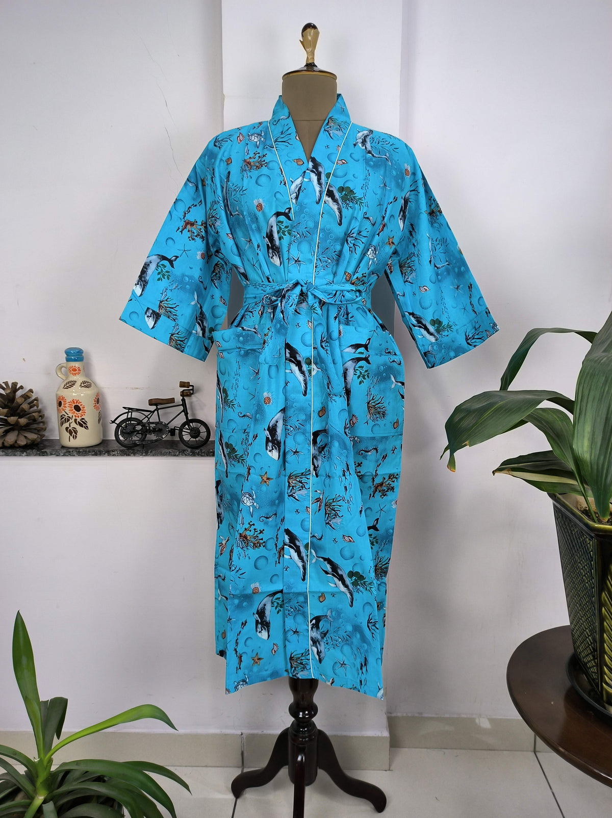 Pure Cotton Kimono Indian Handprinted Boho House Robe Summer Dress | Blue Ocean Fish Print | Beach Cover Up Wear | Christmas Present