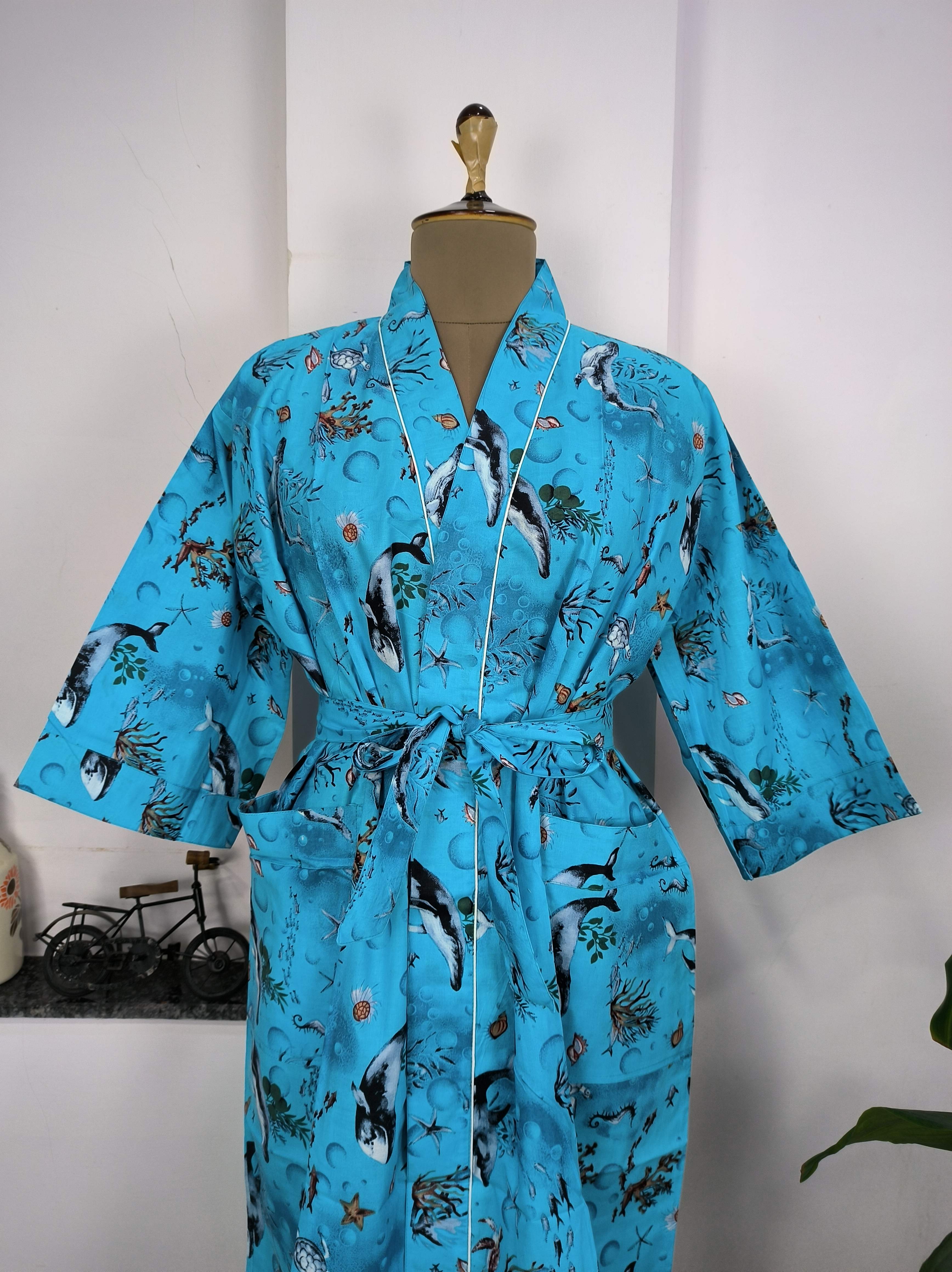 Pure Cotton Kimono Indian Handprinted Boho House Robe Summer Dress | Blue Ocean Fish Print | Beach Cover Up Wear | Christmas Present